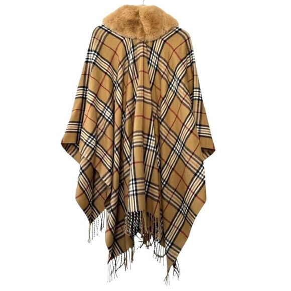 V. FRAAS Faux Fur Collar Tartan Plaid Ruana Fringe Hook Eye Open Poncho Wrap OS - Picture 2 of 9